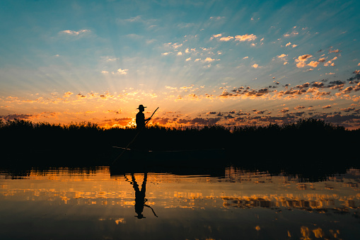 A man caught a fish. A silhouette of a man fishing at sunrise by the river. The yellow sun rises from the horizon. 4k