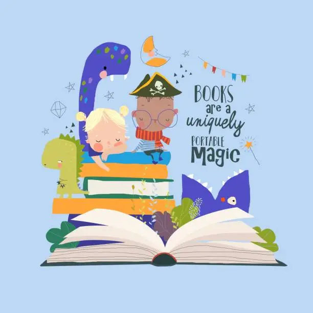 Vector illustration of Cute Cartoon Children sitting on Stack of Books among Fairytale Monsters