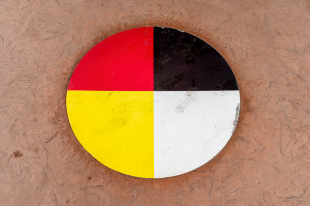 An Indigenous symbol marks the ground at a historical display at Sandy Beach in the small town of Wawa, Ontario.