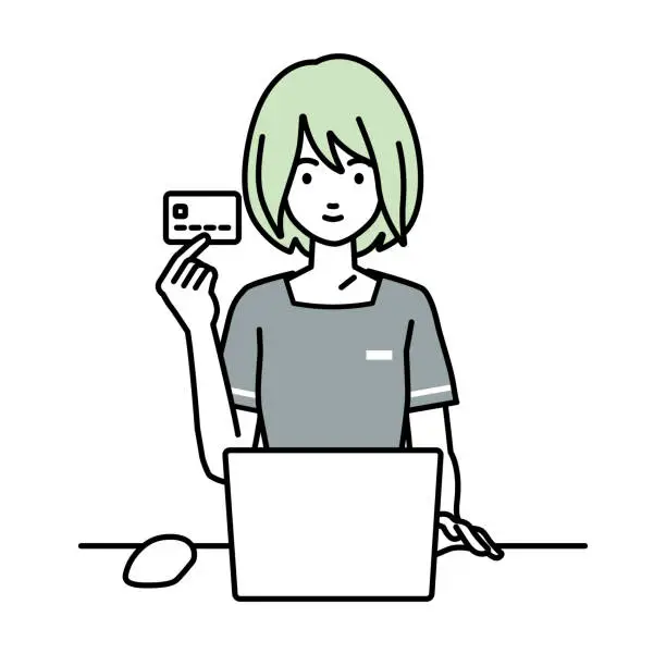 Vector illustration of an esthetician, receptionist woman using laptop computer at her desk and holding a credit card