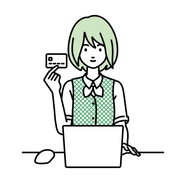 Vector illustration of a woman in clerical uniform using laptop computer at her desk and holding a credit card