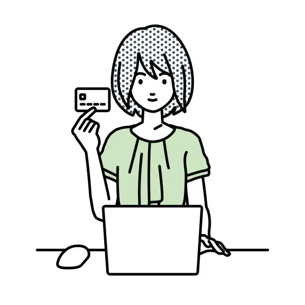 Vector illustration of a woman in casual work style using laptop computer at her desk and holding a credit card