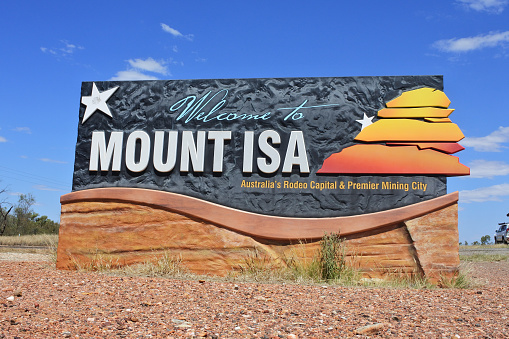 Mt Isa, Old - Sep 15 2022:Welcome to Mt Isa traffic road sign.Mt Isa city came into existence because of the vast mineral deposits found in the area