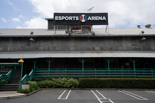 Irvine, CA, USA - May 8, 2022: Front view of the headquarters of Esports Arena, a chain of indoor arenas and event centers dedicated to esports, in Irvine, California.