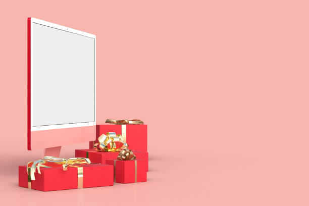 Monitor iMac 24 mockup with Gift box Template For presentation branding, corporate identity, advertising, branding business. 3D rendering