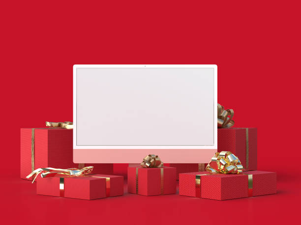Monitor iMac 24 mockup with Gift box Template For presentation branding, corporate identity, advertising, branding business. 3D rendering