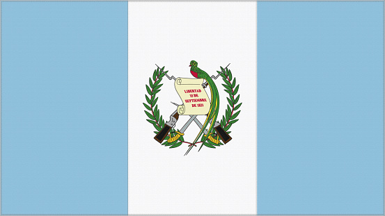 Guatemala embroidery flag. Guatemalan emblem stitched fabric. Embroidered coat of arms. Country symbol textile background.