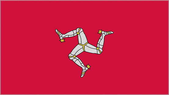 Isle of Man embroidery flag. Emblem stitched fabric. Embroidered coat of arms. Country symbol textile background.