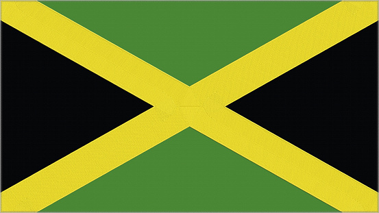Jamaica embroidery flag. Jamaican emblem stitched fabric. Embroidered coat of arms. Country symbol textile background.