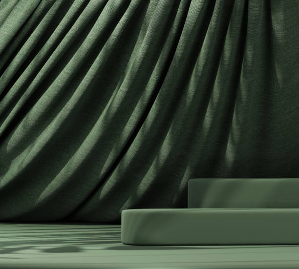 istock Dark green podium with green flying fabric, cloth background 1426408690