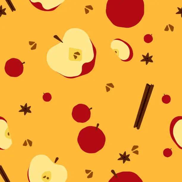 Vector illustration of Bright Fruit pattern. Isolated Apples, Cinnamons and Anise on a warm orange background. Modern illustration with fresh fruits und spices