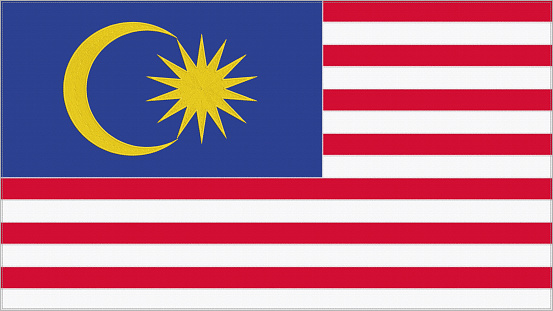 Malaysia embroidery flag. Malaysian emblem stitched fabric. Embroidered coat of arms. Country symbol textile background.