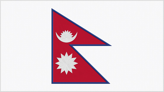 Nepal embroidery flag. Nepali emblem stitched fabric. Embroidered coat of arms. Country symbol textile background.