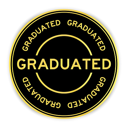 Black and gold color round label sticker with word graduated on white background
