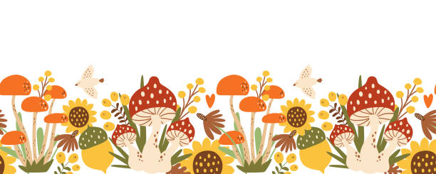 Fall mushroom pattern. Forest mushroom seamless pattern. Autumn mushroom, fly agaric, leaves, flowers berry bird. Fall forest background. Floral mushroom repeated card. Hand drawn vector illustration vector art illustration