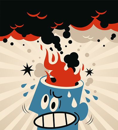 Blue Cartoon Characters Design Vector Art Illustration.
Nervous Breakdown, a man burns with anger.