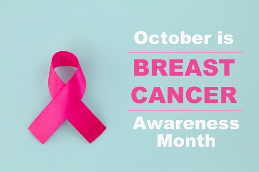 Breast Cancer Awareness Month  written on a  light blue background, with a pink ribbon.