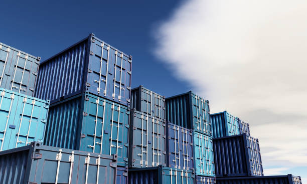 istock Stack of blue container boxes with sky background. Cargo freight shipping for import and export logistics. Business and transportation concept. 3D illustration rendering 1426423485
