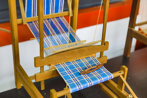 Ancient traditional crafts, handloom details and weaving materials, and tools