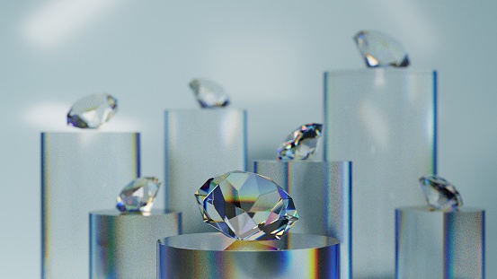3d rendering luxury diamond placed on cylinder, brilliant gemstone background.