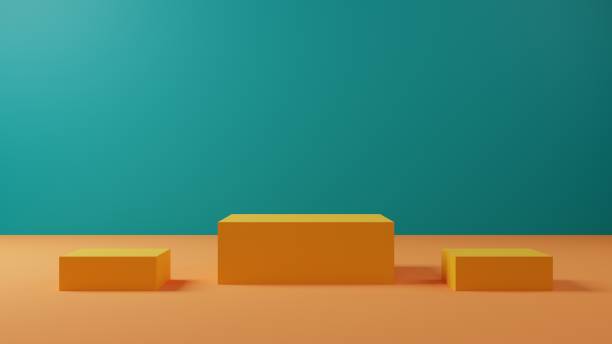 istock 3d rendering yellow pedestal or podium mockup display, empty platform with green backdrop for product showcase 1426434458