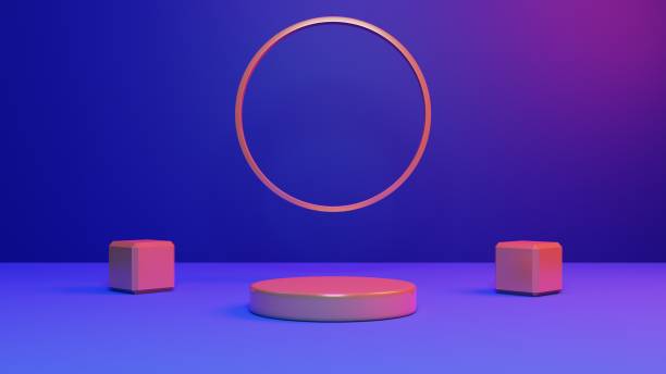 istock 3d rendering pedestal or podium mockup with retro 80s cyber neon backdrop, empty platform for product showcase, vintage neon illustration. 1426434869