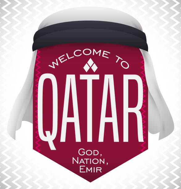 Pennant Decorated with White Keffiyeh and Welcome Message Maroon pennant with welcome message, the motto: 'God, Nation, Emir', and wearing a white keffiyeh turban. qatar emir stock illustrations