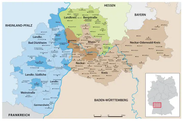 Vector illustration of Vector map of the Rhein Neckar metropolitan area, Germany