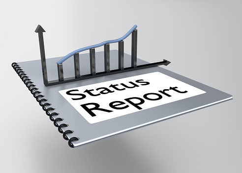 3D illustration of Status Report script on a booklet, along with a symbolical graph.