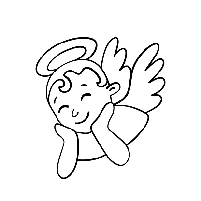 Isolated vector illustration of angel. Cute thin line icon for design, cover etc.