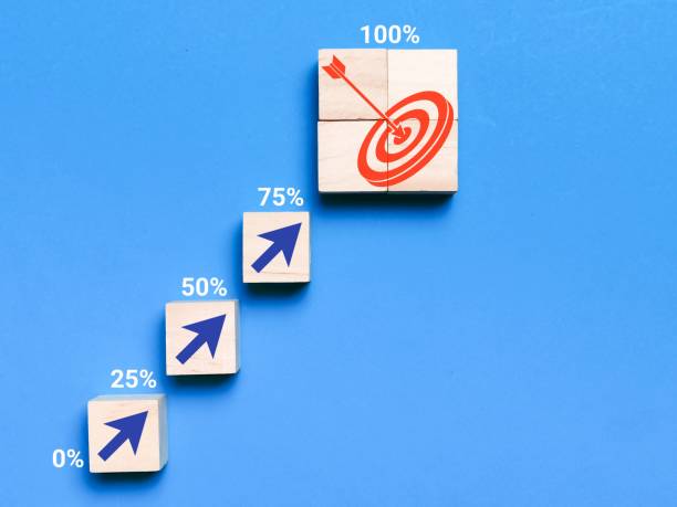 istock Increase arrow to target on wooden cubes with percentage. Target concept. 1426455230
