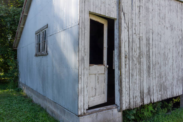 istock Rustic old wooden door on a deteriorating shed wall 1426455366
