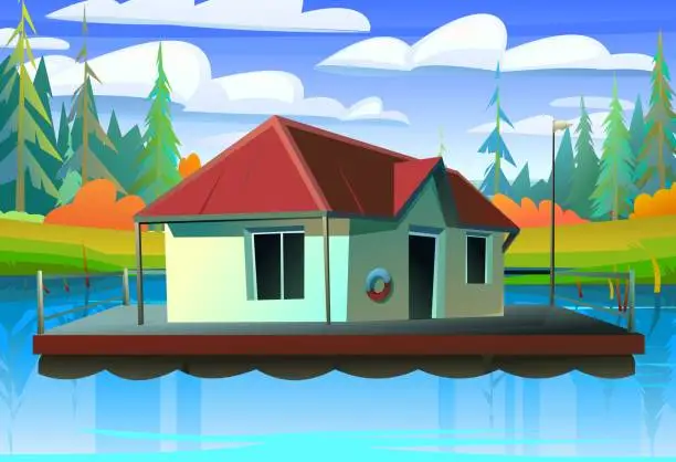 Vector illustration of Floating house On bank of lake. Dwelling with small courtyard on water. illustration vector.