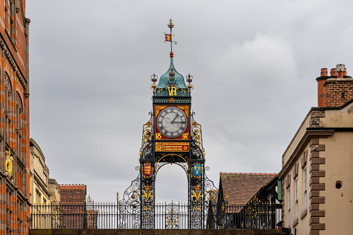 Chester, United Kingdom - 26 August, 2022: view of the iconic and historic Eastgate Clock in the heart of the city center of Chester