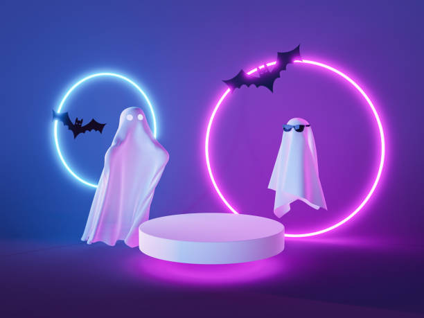 istock White ghosts levitating in neon studio near illuminated rings 1426460068