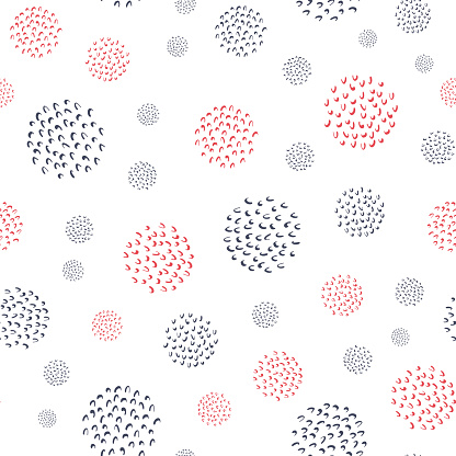 Abstract squiggly textured circles seamless vector pattern. Red blue circle shapes on white background. Spherical wavy doodle dots repeat. Bubble design for summer, Americana, vacation concept.