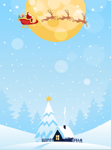 Merry christmas card with place for text. Winter forest landscape, snow-covered house with a Christmas tree, Santa Claus flies in a sleigh through the sky. Vector cartoon full color poster.