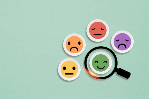 smiling face icon inside on circle grunge white paper cut with magnifying glass  for good feedback rating and positive customer review, experience, satisfaction survey ,mental health concept