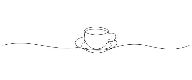 コーヒーのカップ連続線画。ティーカップ1行のアート。ベクターイラストレーション。 - tea cup illustrations点のイラスト素材／クリップアート素材／マンガ素材／アイコン素材