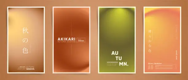 Vector illustration of Japanese autumn neon gradient cover template design vertical story set for poster, social media post and vibes album. Neo cyberpunk gradient bright post. Vector fall colors space vivid set.