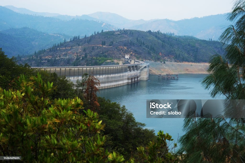Shasta Lake Dam 2022 Looking at Shasta Lake Dam in California. California Stock Photo
