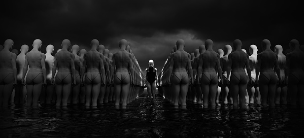 Angry Rebel Women Spotlight Unique Leader Figure Individuality Dystopian Crowd of People 3d illustration render