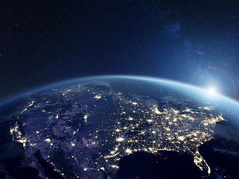 America at night viewed from space with city lights showing activity in United States. 3d render of planet Earth. Elements from NASA. Technology, global communication, world. USA.