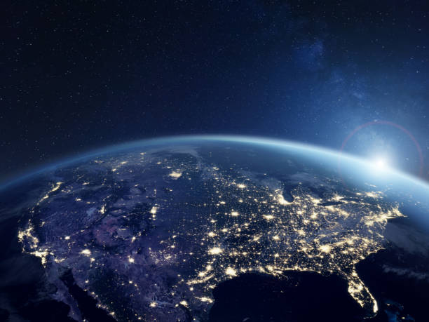 America at night viewed from space with city lights showing activity in United States. 3d render of planet Earth. Elements from NASA. Technology, global communication, world. USA. America at night viewed from space with city lights showing activity in United States. 3d render of planet Earth. Elements from NASA. Technology, global communication, world. USA. (https://visibleearth.nasa.gov/view.php?id=57752) north america stock pictures, royalty-free photos & images