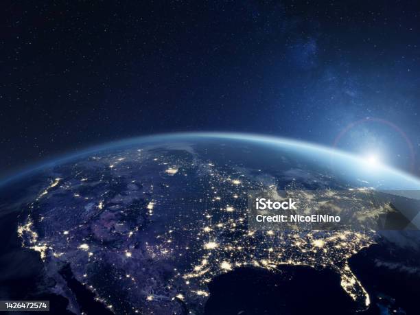 America At Night Viewed From Space With City Lights Showing Activity In United States 3d Render Of Planet Earth Elements From Nasa Technology Global Communication World Usa Stock Photo - Download Image Now