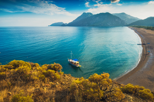 View from above to Cirali beach and Olimpos mountain in a sunset light. Kemer, Antalya, Mediterranean region, Turkey, Lycia.