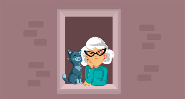 Sad Lonely Lady Alongside Her Cat Looking Outside Vector Cartoon Stressed granny feeling alone, sorrowful and desperate cat-glasses stock illustrations