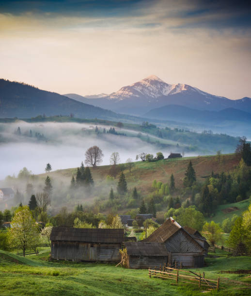 Early misty morning in a spring village under Hoverla, the highest mountain of Ukraine