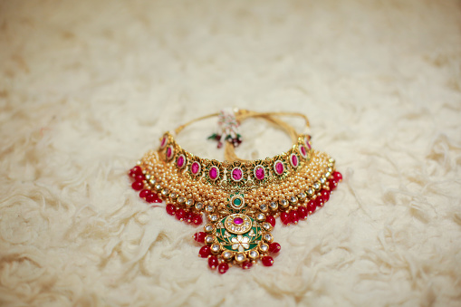 Authentic Traditional Indian Jewellery Necklace on a bright White Background.