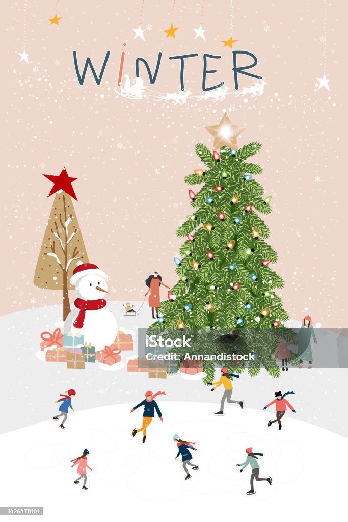 Winter Wonderland Landscape Background At Night With People Celebration And  Kids Having Fun At Park In Villagevector Illustration Cute Cartoon For  Greeting Card Or Banner For Christmas Or New Year Stock Illustration -